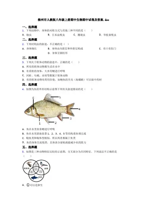 柳州市人教版八年级上册期中生物期中试卷及答案.doc