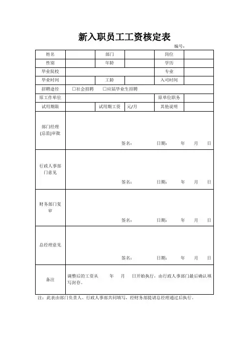 新入职员工工资核定表