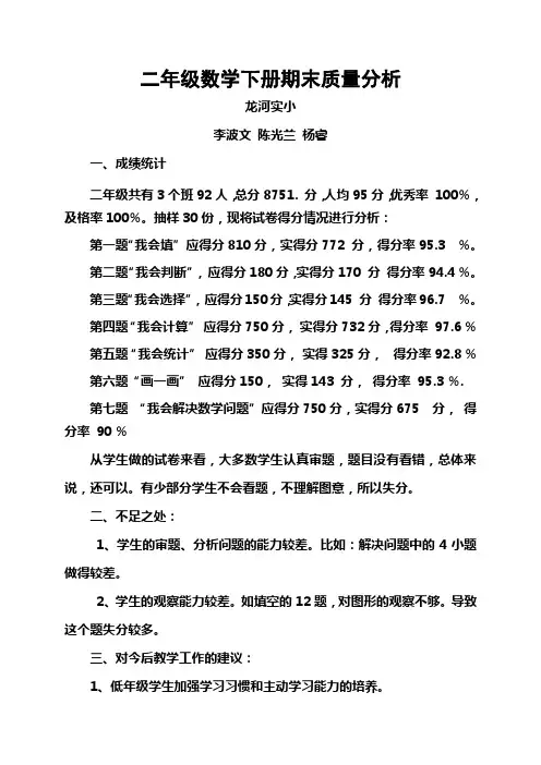 二年级数学下册期末质量分析