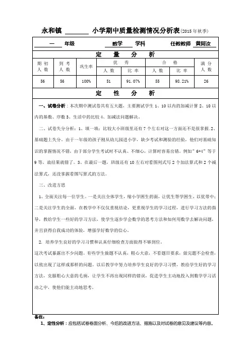 一年级数学期中质量分析表