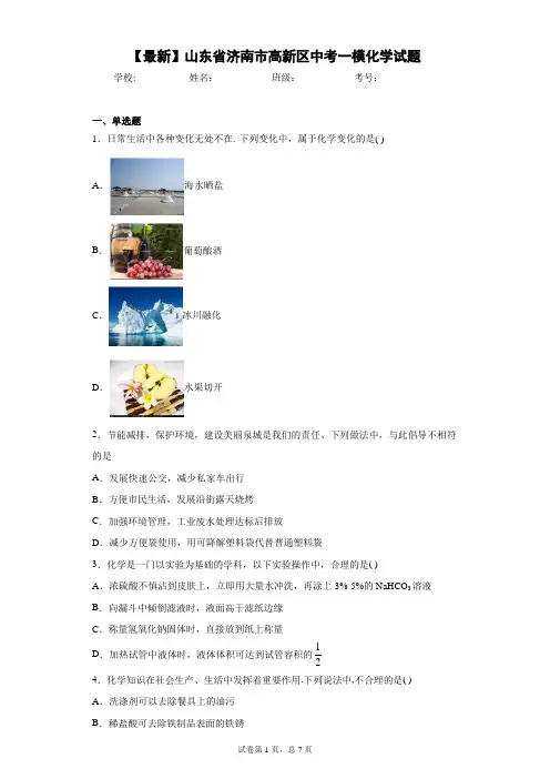 2021年山东省济南市高新区中考一模化学试题 答案和解析