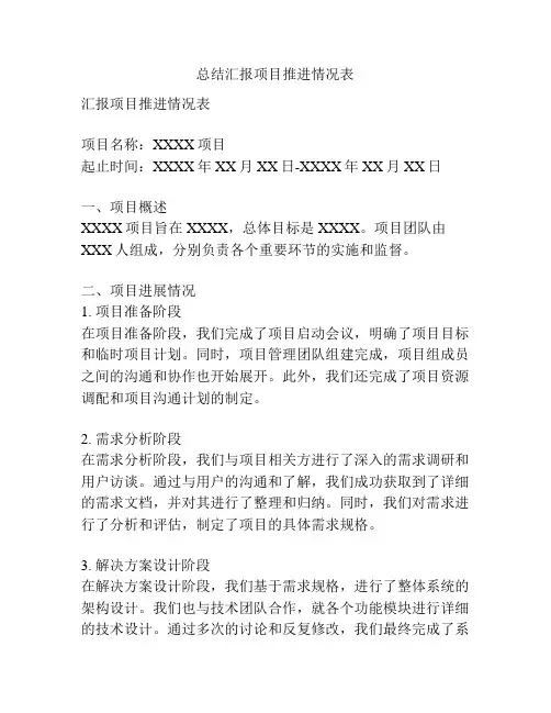 总结汇报项目推进情况表