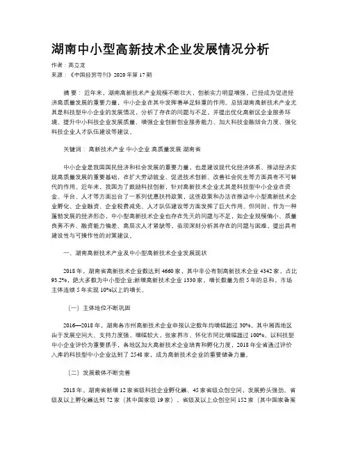 湖南中小型高新技术企业发展情况分析
