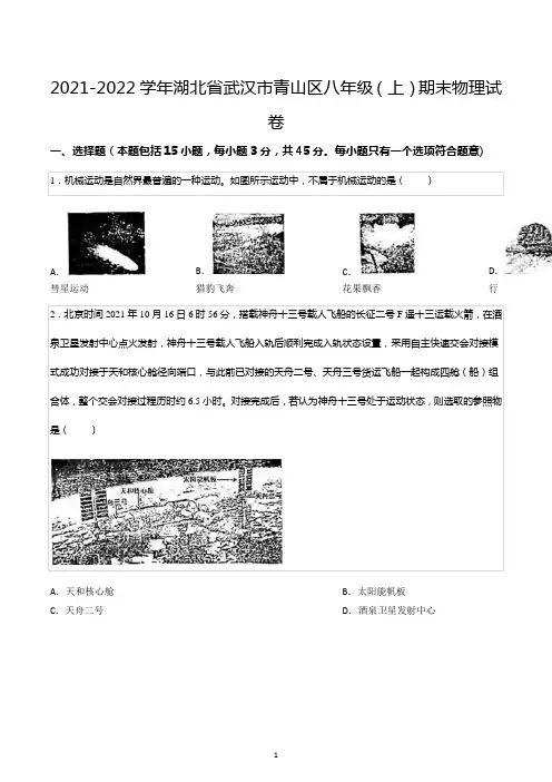2021-2022学年湖北省武汉市青山区八年级(上)期末物理试卷