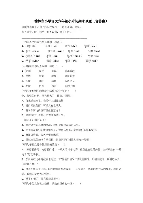 榆林市小学语文六年级小升初期末试题(含答案)