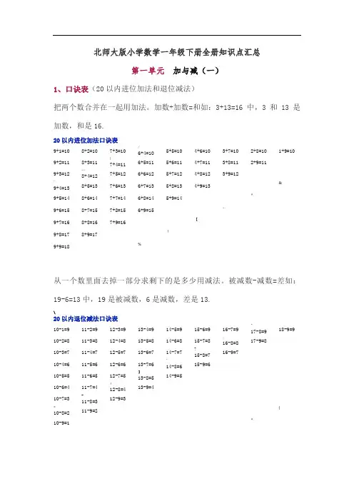 【精编版】北师大版小学一年级数学下册全册知识点汇总
