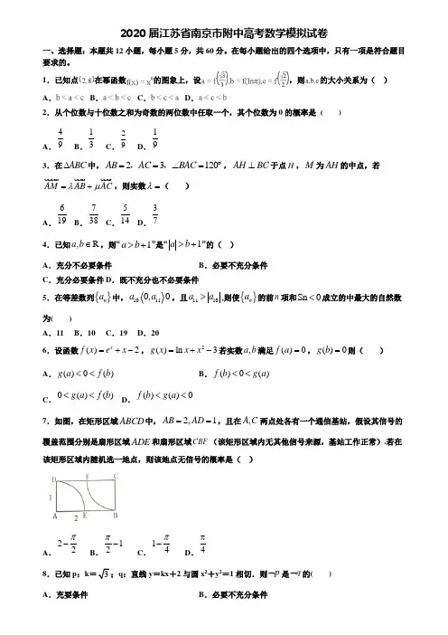 【附20套高考模拟试题】2020届江苏省南京市附中高考数学模拟试卷含答案