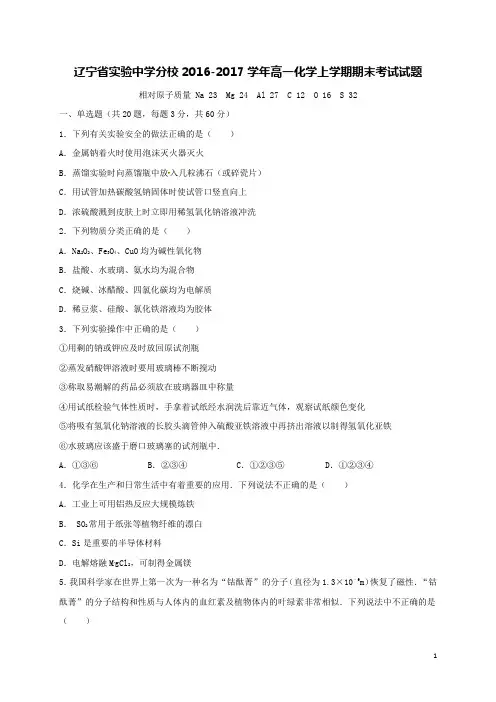 辽宁省实验中学分校2016-2017学年高一化学上学期期末考试试题