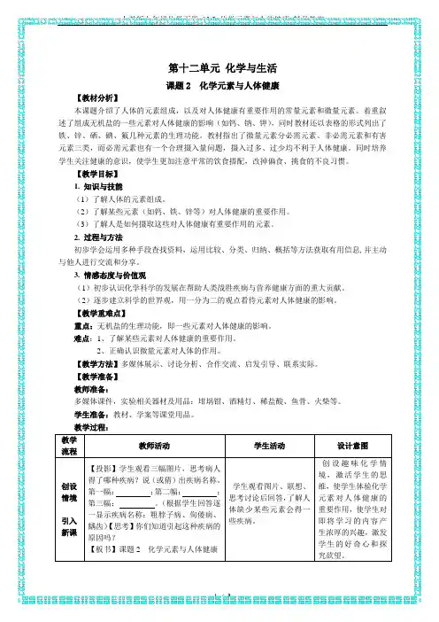 人教版九年级化学下册 12.2 化学元素与人体健康 精品教案