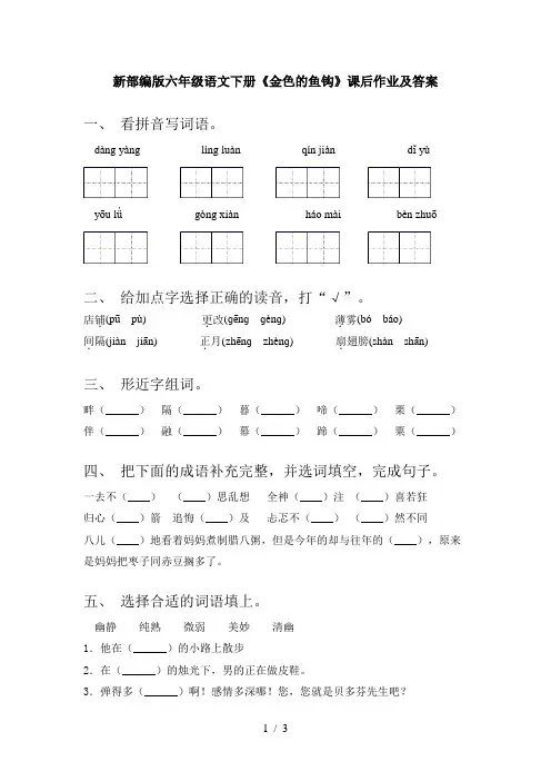 新部编版六年级语文下册《金色的鱼钩》课后作业及答案