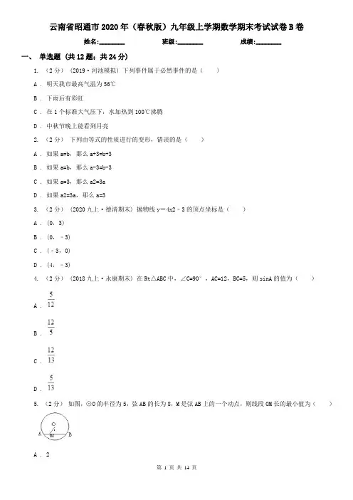 云南省昭通市2020年(春秋版)九年级上学期数学期末考试试卷B卷