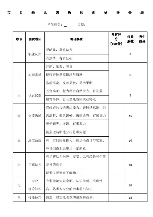 宝贝幼儿园面试评分表