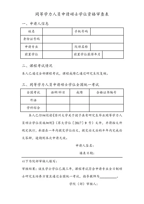 同等学力人员申请硕士学位资格审查表