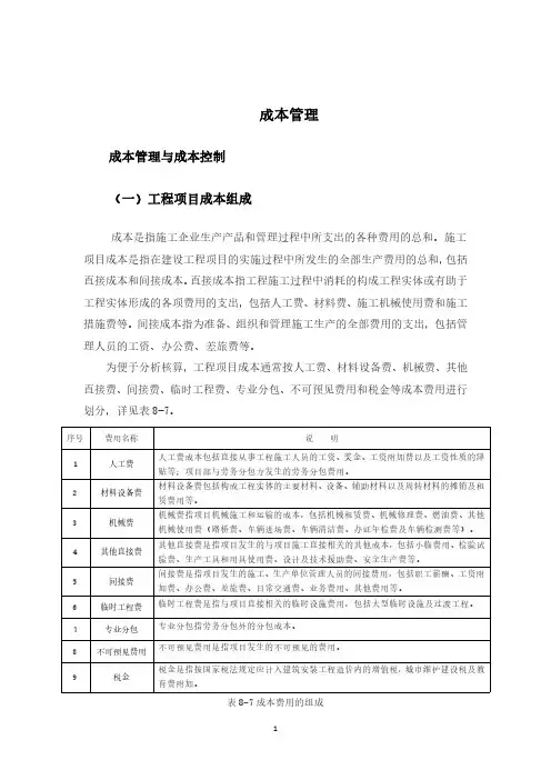 项目成本管理、成本控制、成本测算
