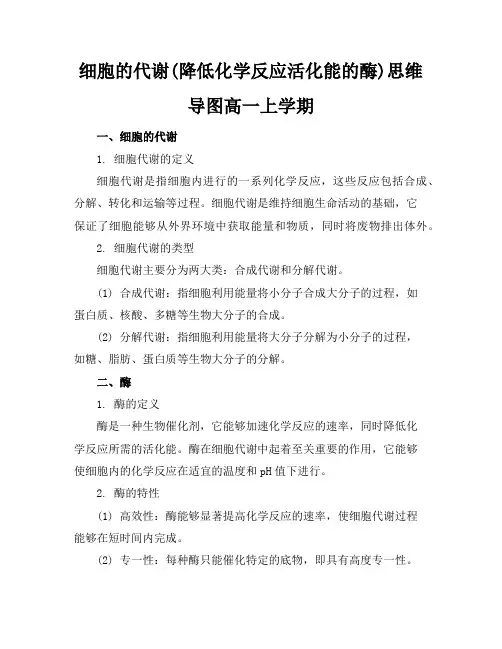 细胞的代谢(降低化学反应活化能的酶)思维导图高一上学期