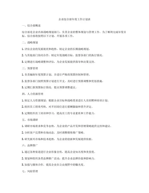 企业综合部年度工作计划表