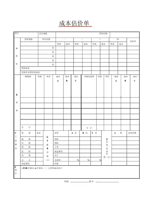 成本估价单范本