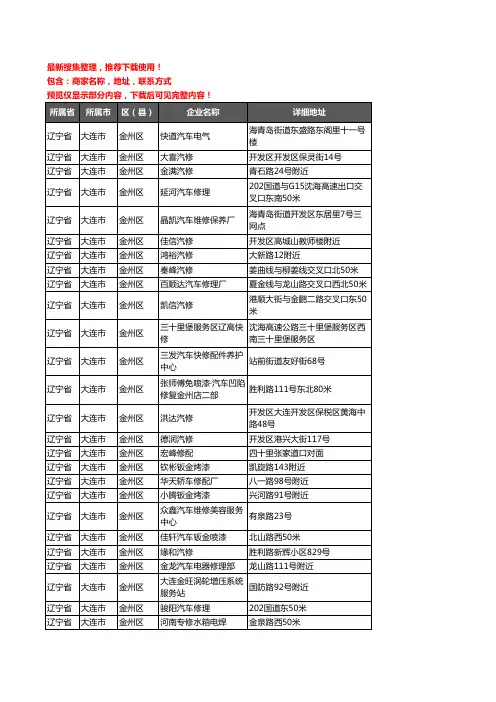 新版辽宁省大连市金州区汽车维修企业公司商家户名录单联系方式地址大全581家