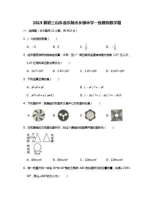 2019届初三山东省乐陵市乡镇中学一练模拟数学题(有答案含解析)