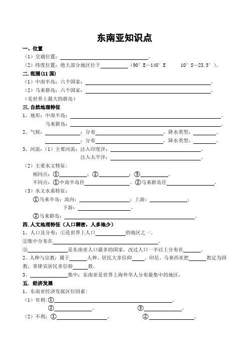 东南亚知识点总结(填空版及答案)