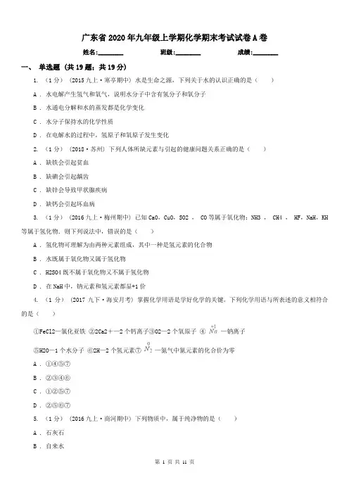 广东省2020年九年级上学期化学期末考试试卷A卷(练习)