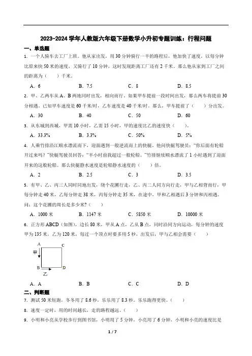 2023-2024学年人教版六年级下册数学小升初专题训练：行程问题(含答案)