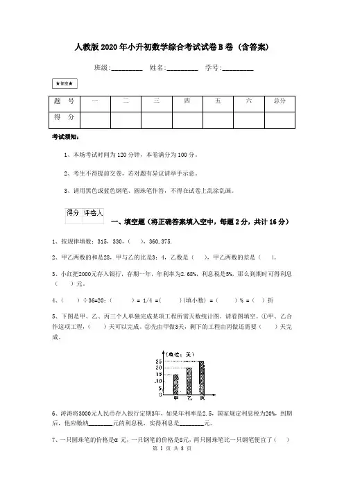 人教版2020年小升初数学综合考试试卷B卷 (含答案)
