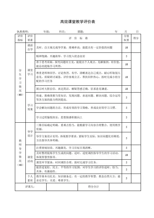 高效课堂教学评价表