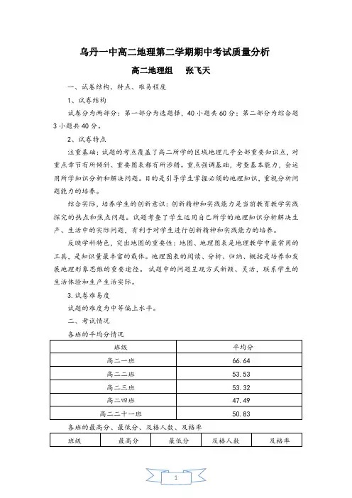 乌丹一中高二地理第二学期期中考试试卷分析