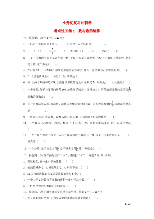 六年级数学下册小升初复习冲刺卷考点过关卷1数与数的运算苏教版