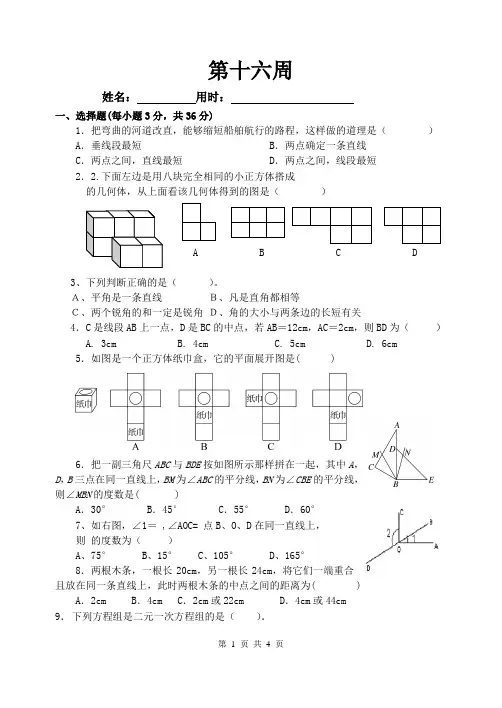 2017年秋季学期---七年级上册第16周测试卷