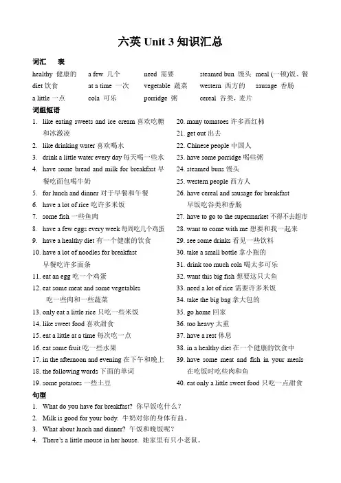 六年级下册英语素材-Unit 3 A healthy diet 知识点 译林版