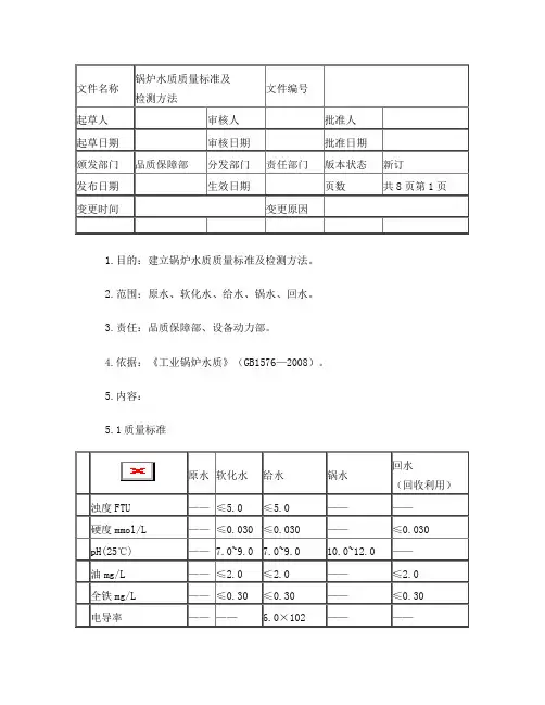 锅炉水质量标准