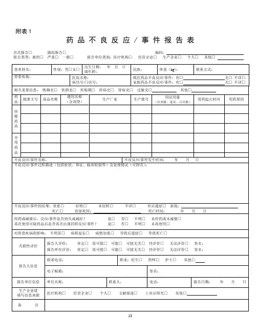 药品不良反应事件报告表