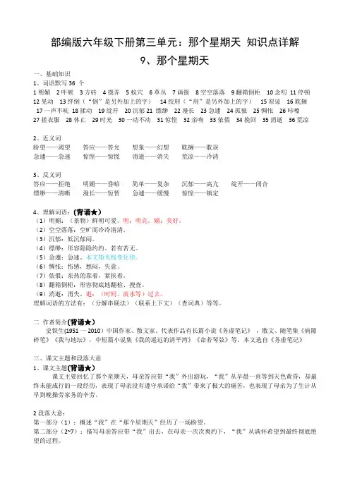 六年级下册语文素材-第三单元：那个星期天 知识点详解  人教部编版