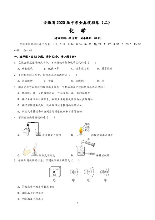 安徽省2020届中考化学全真模拟卷(二)含答案