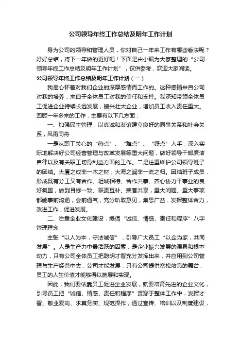 公司领导年终工作总结及明年工作计划
