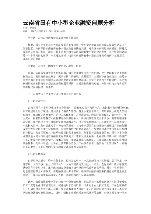 云南省国有中小型企业融资问题分析