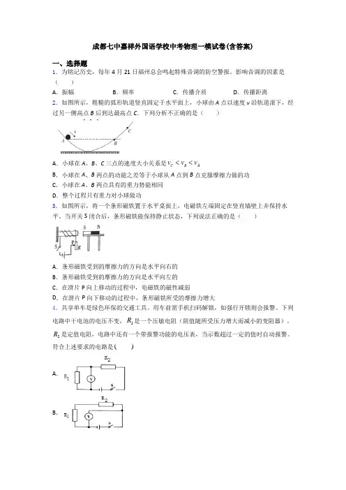 成都七中嘉祥外国语学校中考物理一模试卷(含答案)