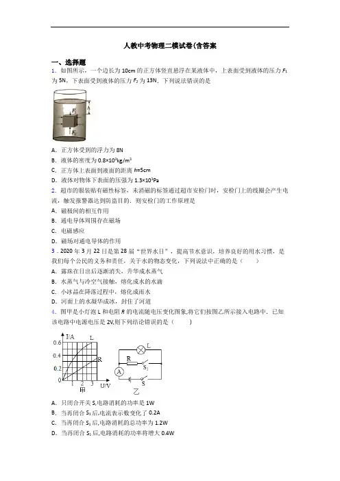 人教中考物理二模试卷(含答案