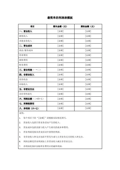 最简单的利润表模板