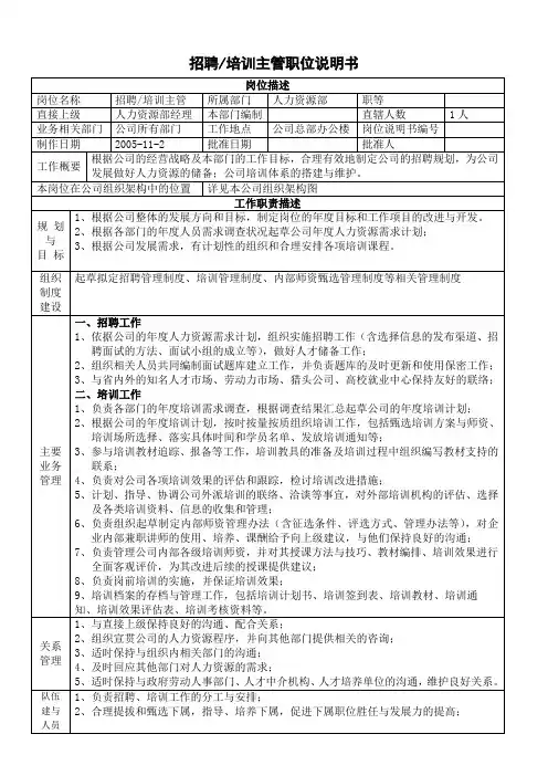 招聘培训主管职位说明书