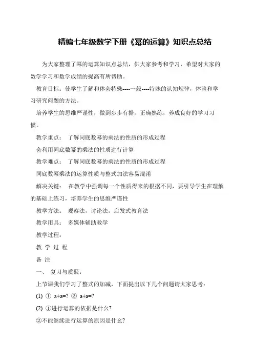 精编七年级数学下册《幂的运算》知识点总结