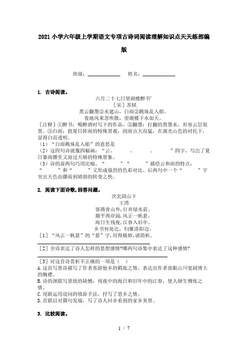 2021小学六年级上学期语文专项古诗词阅读理解知识点天天练部编版