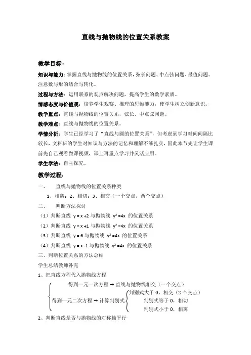 直线与抛物线的位置关系教案