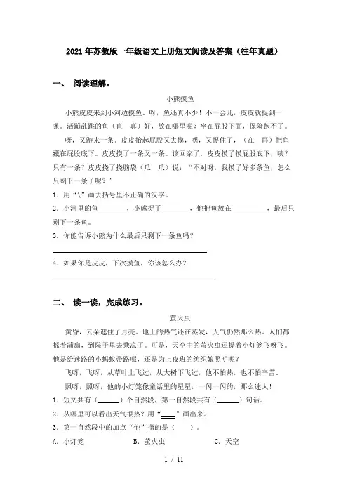 2021年苏教版一年级语文上册短文阅读及答案(往年真题)
