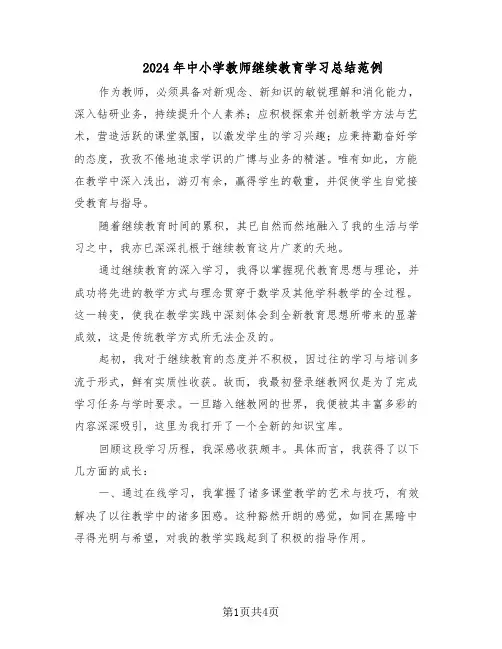 2024年中小学教师继续教育学习总结范例（二篇）