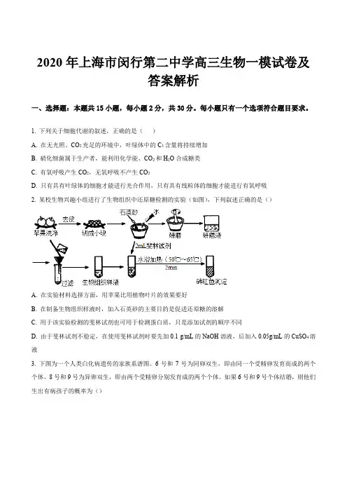 2020年上海市闵行第二中学高三生物一模试卷及答案解析