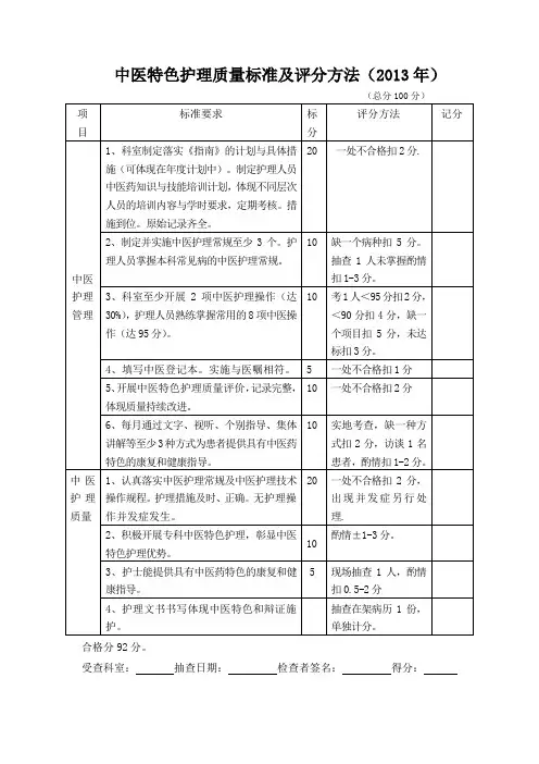 中医特色护理质量标准及评分方法