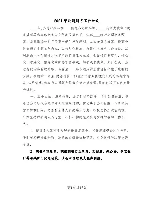 2024年公司财务工作计划（7篇）